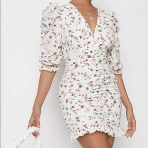 White floral print ruched mini dress